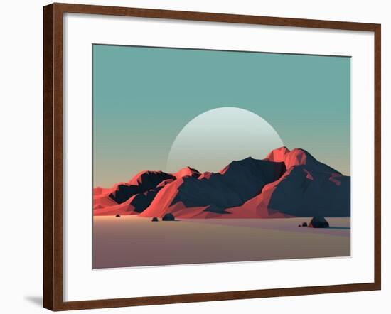 Low-Poly Mountain Landscape at Dusk with Moon-Mark Kirkpatrick-Framed Art Print