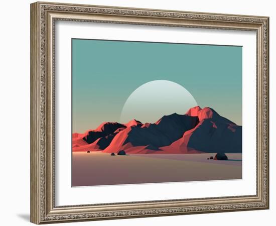 Low-Poly Mountain Landscape at Dusk with Moon-Mark Kirkpatrick-Framed Art Print