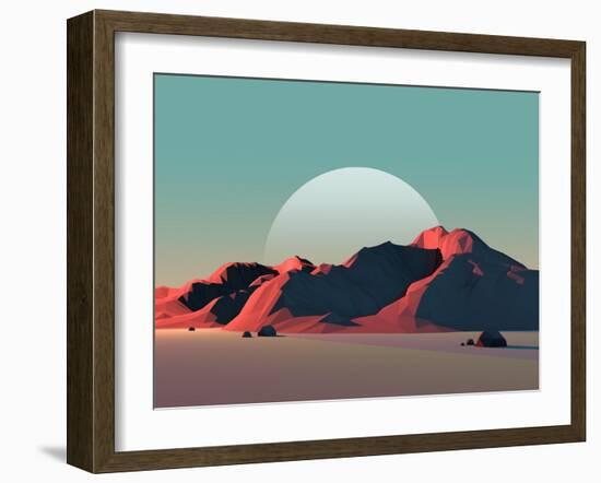 Low-Poly Mountain Landscape at Dusk with Moon-Mark Kirkpatrick-Framed Art Print