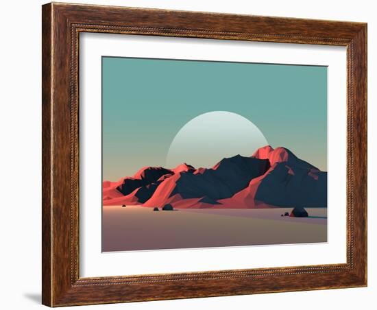 Low-Poly Mountain Landscape at Dusk with Moon-Mark Kirkpatrick-Framed Art Print