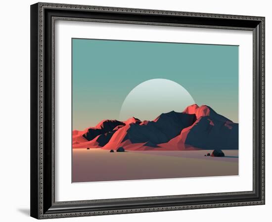 Low-Poly Mountain Landscape at Dusk with Moon-Mark Kirkpatrick-Framed Art Print