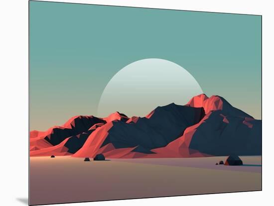 Low-Poly Mountain Landscape at Dusk with Moon-Mark Kirkpatrick-Mounted Art Print