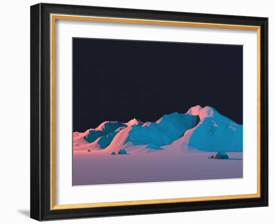 Low-Poly Mountain Landscape at Night with Stars-Mark Kirkpatrick-Framed Art Print