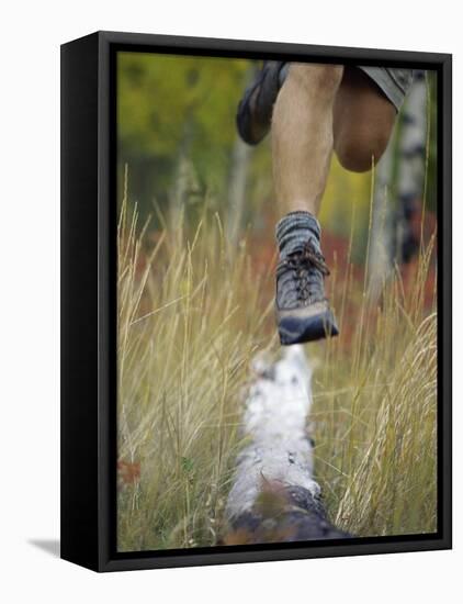 Low Section View of a Person Jumping over a Log of Wood-null-Framed Premier Image Canvas