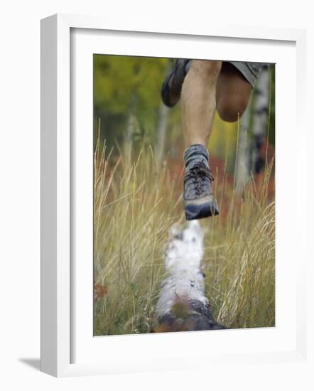 Low Section View of a Person Jumping over a Log of Wood-null-Framed Photographic Print