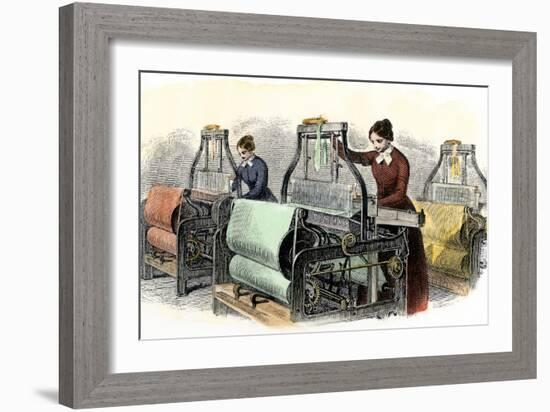 Lowell Girls Weaving in Massachusetts Textile Mills, c.1850-null-Framed Giclee Print