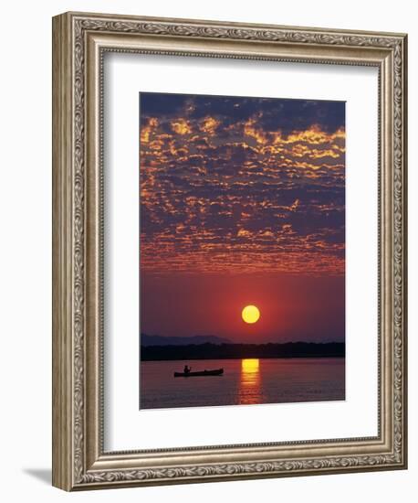 Lower Zambesi National Park, Canoeing on the Zambezi River at Sun Rise under a Mackerel Sky, Zambia-John Warburton-lee-Framed Photographic Print