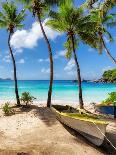 Sunny Tropical Beach and Turquoise Sea with Palm Trees and Fishing Boat in the Sand-lucky-photographer-Photographic Print