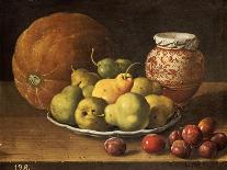 Pears on a Plate, a Melon, Plums, and a Decorated Manises Jar with Plums on a Wooden Ledge-Luis Melendez-Giclee Print
