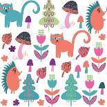Cute Animals Seamless Pattern with Cats and Hedgehogs and Seamless Pattern in Swatch Menu, Vector-Luiza Kozich-Art Print