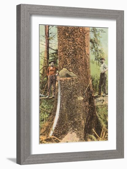 Lumberjacks Felling Cedar, Washington-null-Framed Art Print