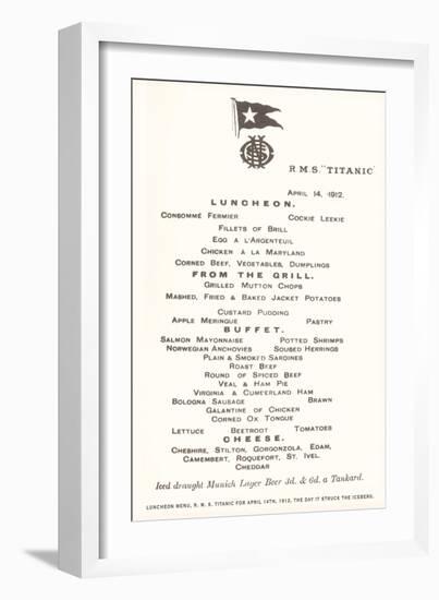 Luncheon Menu on the Titanic-null-Framed Art Print