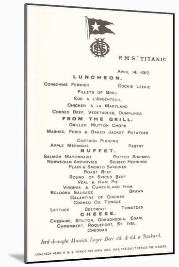 Luncheon Menu on the Titanic-null-Mounted Art Print