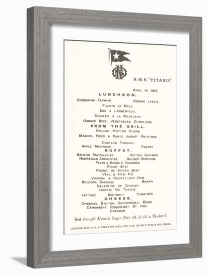 Luncheon Menu on the Titanic-null-Framed Premium Giclee Print