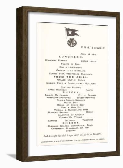 Luncheon Menu on the Titanic-null-Framed Premium Giclee Print