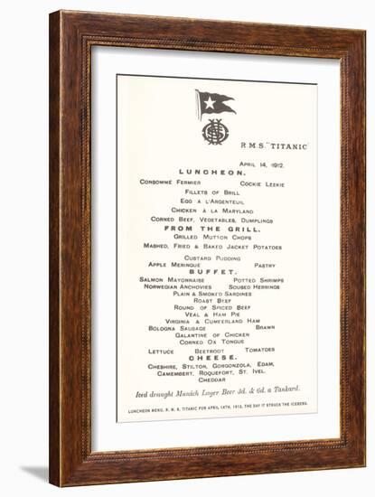 Luncheon Menu on the Titanic-null-Framed Premium Giclee Print