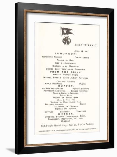 Luncheon Menu on the Titanic-null-Framed Premium Giclee Print