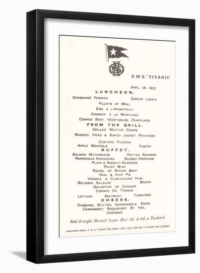 Luncheon Menu on the Titanic-null-Framed Premium Giclee Print