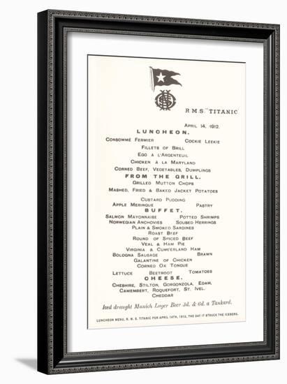 Luncheon Menu on the Titanic-null-Framed Premium Giclee Print