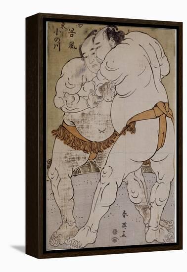 Lutteurs de sumô ; le lutteur Onogawa Kisaburô et le lutteur Tanikaze Kajinosuke-Katsukawa Shunei-Framed Premier Image Canvas