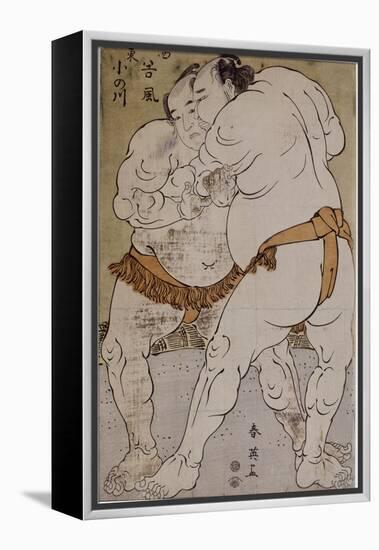 Lutteurs de sumô ; le lutteur Onogawa Kisaburô et le lutteur Tanikaze Kajinosuke-Katsukawa Shunei-Framed Premier Image Canvas