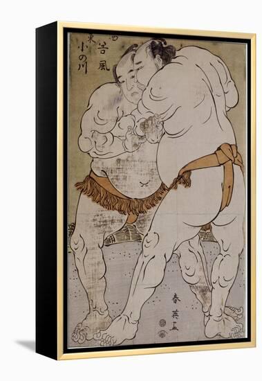 Lutteurs de sumô ; le lutteur Onogawa Kisaburô et le lutteur Tanikaze Kajinosuke-Katsukawa Shunei-Framed Premier Image Canvas