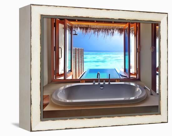 Luxury Beautiful Interior Design on Beach Resort, Window View from Bathroom on Clear Blue Sea, Summ-Anna Omelchenko-Framed Premier Image Canvas