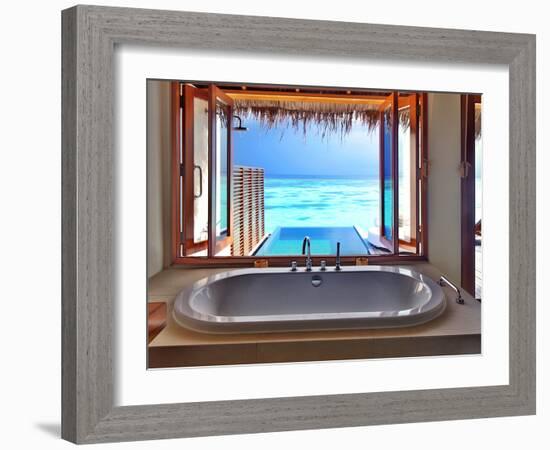 Luxury Beautiful Interior Design on Beach Resort, Window View from Bathroom on Clear Blue Sea, Summ-Anna Omelchenko-Framed Photographic Print