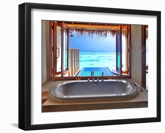 Luxury Beautiful Interior Design on Beach Resort, Window View from Bathroom on Clear Blue Sea, Summ-Anna Omelchenko-Framed Photographic Print