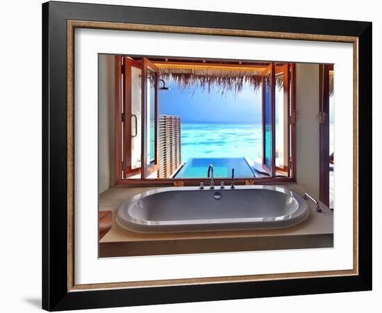 Luxury Beautiful Interior Design on Beach Resort, Window View from Bathroom on Clear Blue Sea, Summ-Anna Omelchenko-Framed Photographic Print