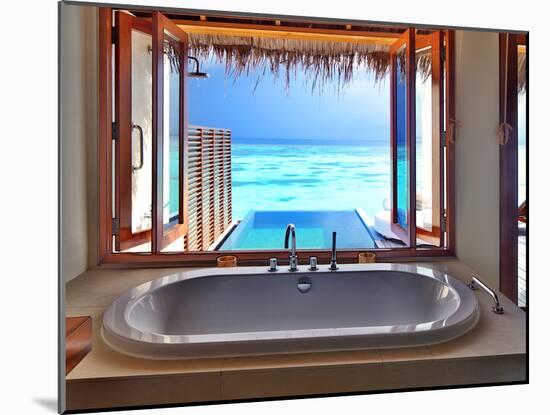 Luxury Beautiful Interior Design on Beach Resort, Window View from Bathroom on Clear Blue Sea, Summ-Anna Omelchenko-Mounted Photographic Print