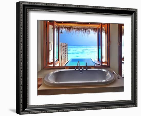 Luxury Beautiful Interior Design on Beach Resort, Window View from Bathroom on Clear Blue Sea, Summ-Anna Omelchenko-Framed Photographic Print