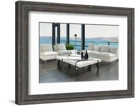 Luxury Living Room Interior with White Couch and Seascape View-PlusONE-Framed Photographic Print