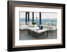 Luxury Living Room Interior with White Couch and Seascape View-PlusONE-Framed Photographic Print