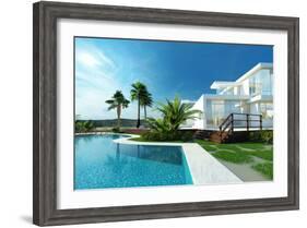 Luxury Modern White House with Angular Walls and Large Windows Overlooking a Tropical Landscaped Ga-PlusONE-Framed Photographic Print