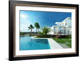 Luxury Modern White House with Angular Walls and Large Windows Overlooking a Tropical Landscaped Ga-PlusONE-Framed Photographic Print