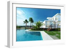 Luxury Modern White House with Angular Walls and Large Windows Overlooking a Tropical Landscaped Ga-PlusONE-Framed Photographic Print