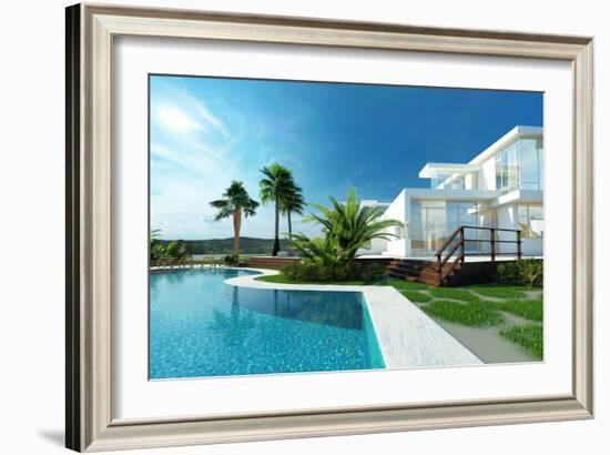 Luxury Modern White House with Angular Walls and Large Windows Overlooking a Tropical Landscaped Ga-PlusONE-Framed Photographic Print