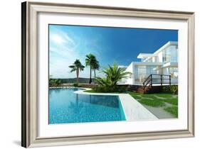 Luxury Modern White House with Angular Walls and Large Windows Overlooking a Tropical Landscaped Ga-PlusONE-Framed Photographic Print
