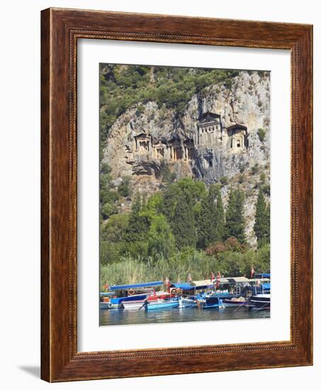 Lycian Tombs of Dalyan with Boats Below, Dalyan, Anatolia, Turkey, Asia Minor, Eurasia-Sakis Papadopoulos-Framed Photographic Print