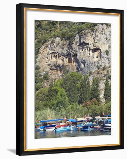 Lycian Tombs of Dalyan with Boats Below, Dalyan, Anatolia, Turkey, Asia Minor, Eurasia-Sakis Papadopoulos-Framed Photographic Print