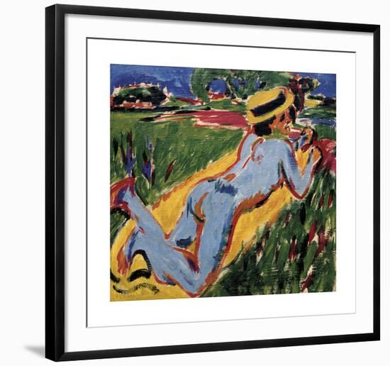 Lying Blue Nude with Straw Hat-Ernst Ludwig Kirchner-Framed Premium Giclee Print