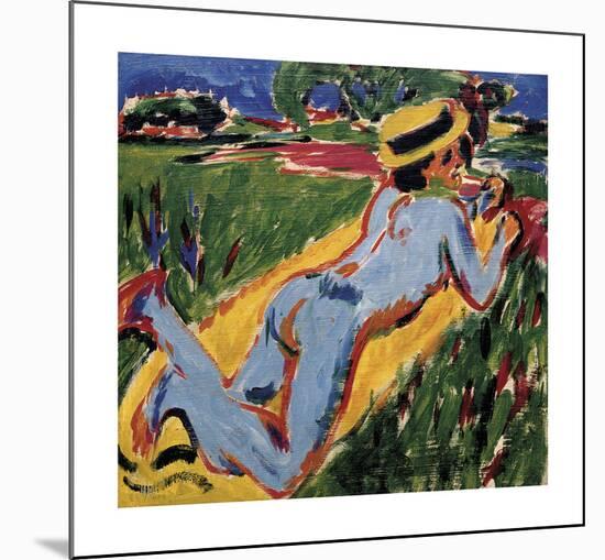 Lying Blue Nude with Straw Hat-Ernst Ludwig Kirchner-Mounted Premium Giclee Print