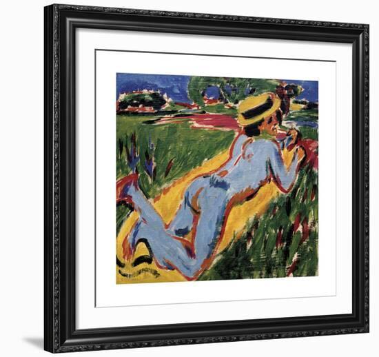Lying Blue Nude with Straw Hat-Ernst Ludwig Kirchner-Framed Premium Giclee Print