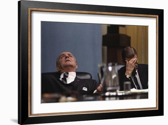 Lyndon Johnson and Robert McNamara Following the Tet Offensive in Vietnam, Feb. 1968-null-Framed Photo