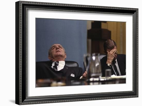 Lyndon Johnson and Robert McNamara Following the Tet Offensive in Vietnam, Feb. 1968-null-Framed Photo