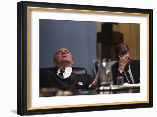 Lyndon Johnson and Robert McNamara Following the Tet Offensive in Vietnam, Feb. 1968-null-Framed Photo