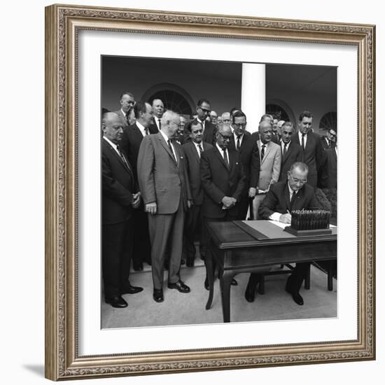 Lyndon Johnson Signing of Bill Establishing Dept. of Housing and Urban Development, 1965-null-Framed Photo