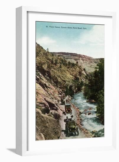 Lyons, Colorado, View of Model Ts on Estes Park Road in the St. Vrain Canyon-Lantern Press-Framed Art Print