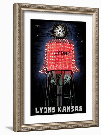 Lyons, Kansas - Watertower - Scratchboard-Lantern Press-Framed Art Print